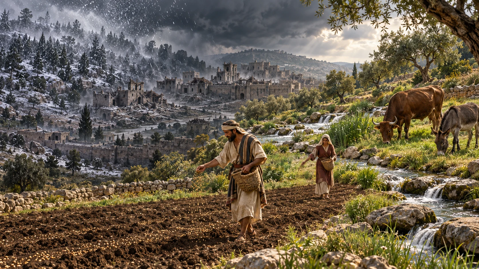 Beyond a battered hillside, farmers sow near streams while ox and donkey roam freely.
