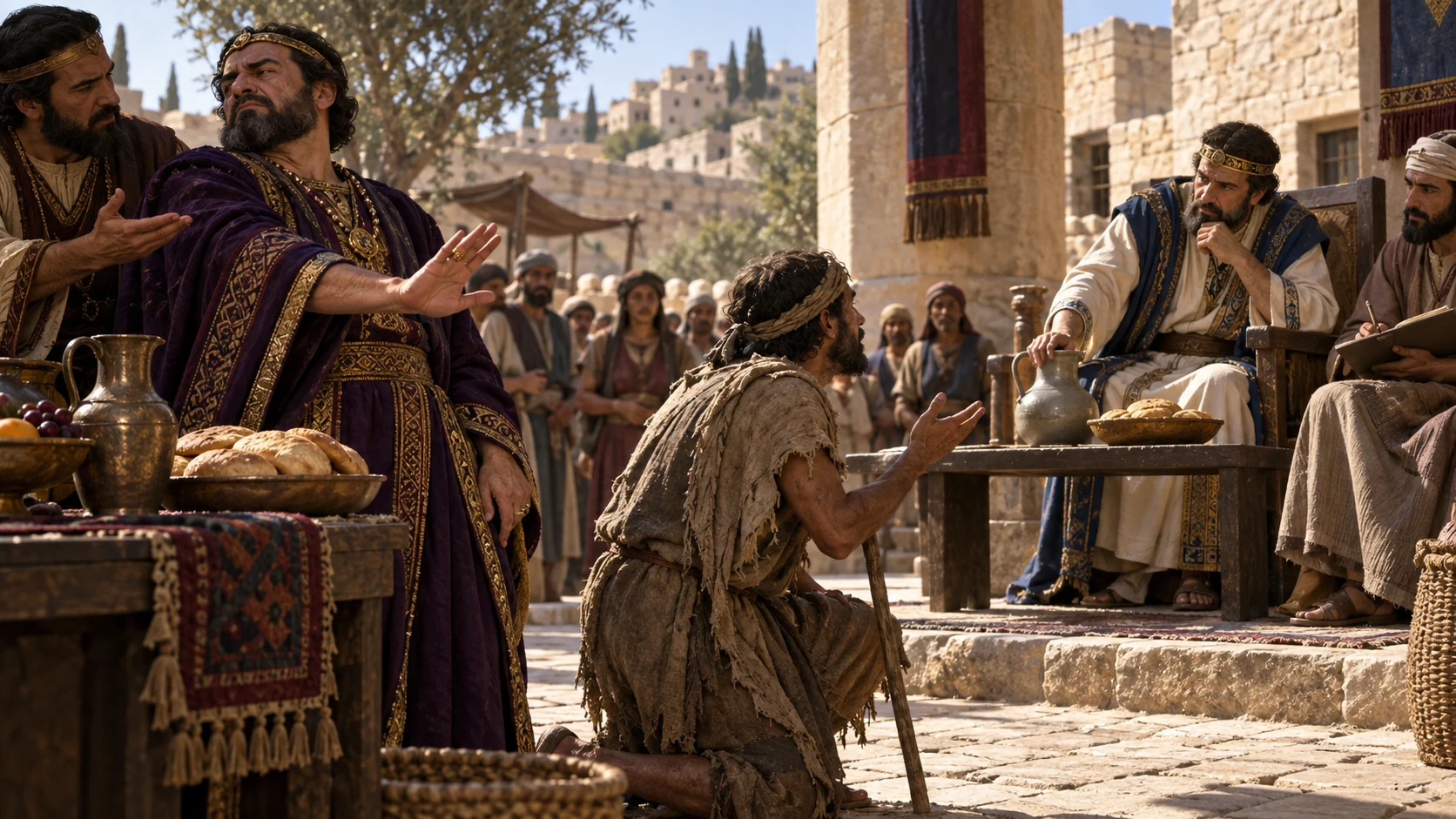 A schemer withholds aid while a noble neighbor hears the poor person’s just case.