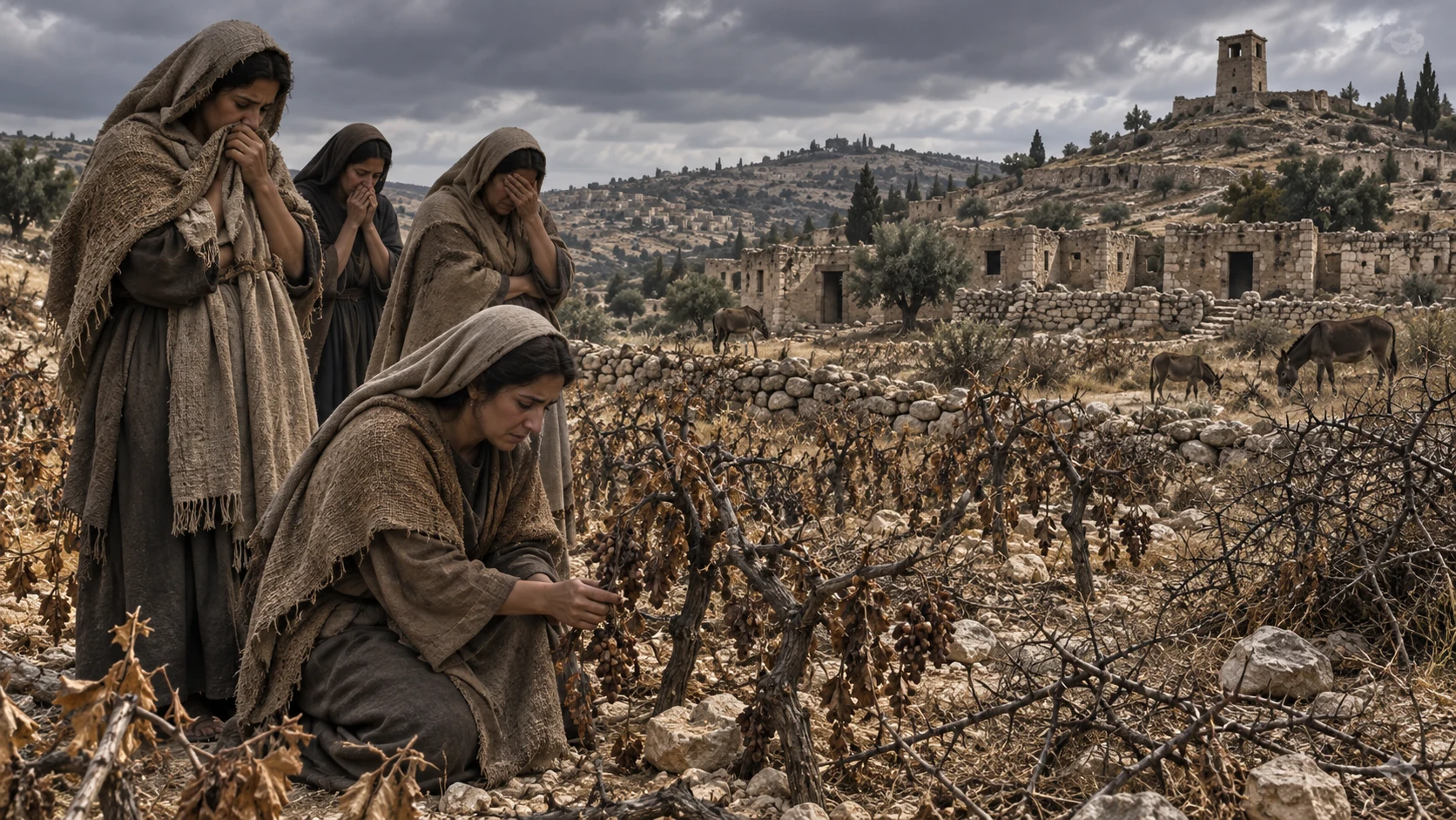 Women mourn ruined vines and empty homes as thorns spread toward an abandoned watchtower.