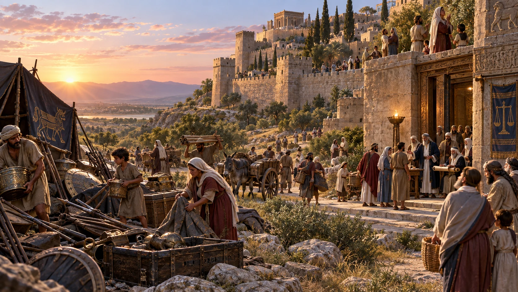 The people gather recovered stores and seek lasting justice, wisdom, and stability at dawn.