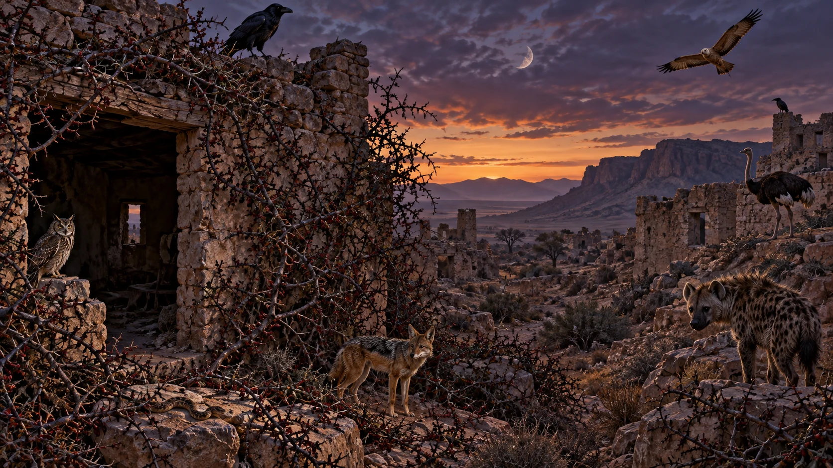 Thorns overtake deserted buildings while nocturnal creatures and nesting birds make their homes.