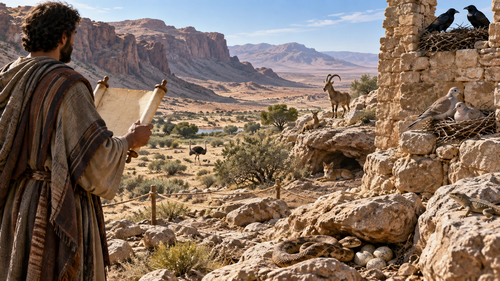 A reader studies the witness beside settled creatures whose habitats endure from generation to generation.