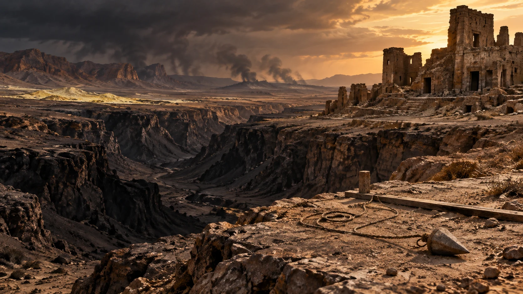 Dark ravines and abandoned halls replace the old kingdom, measured now only by emptiness.