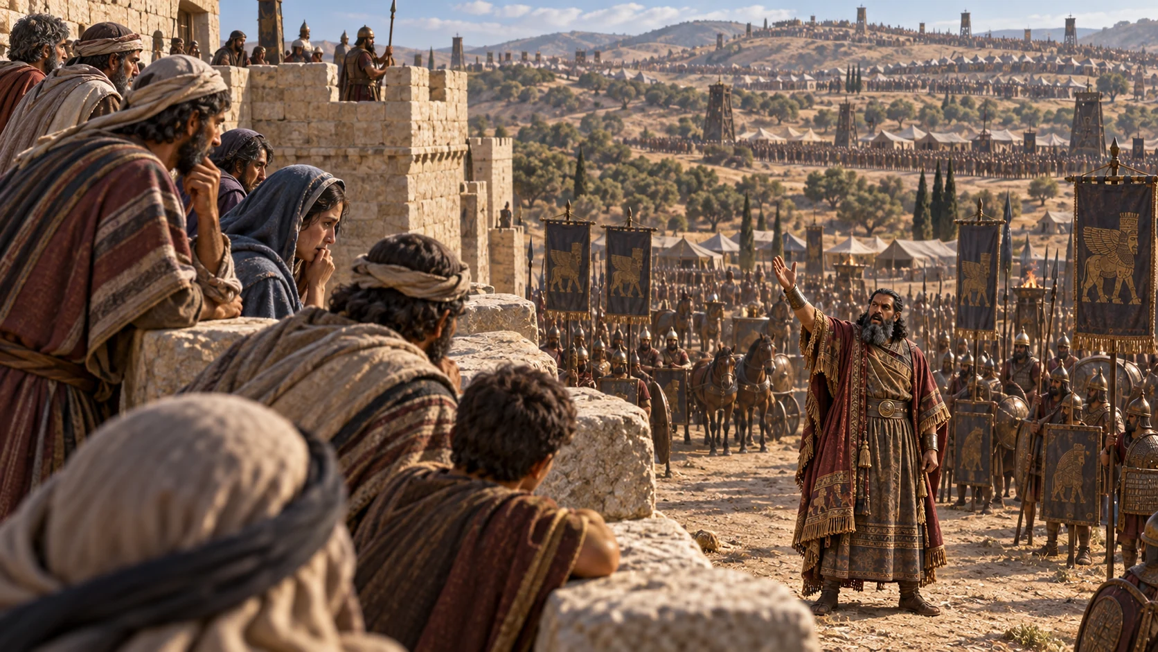 From below the wall, the envoy urges surrender and boasts against Jerusalem’s hope.