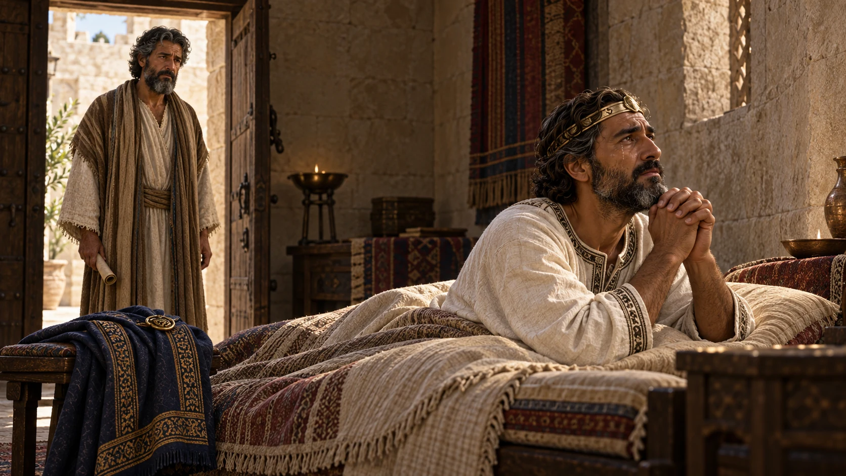 Gravely ill, Hezekiah hears Isaiah’s warning and prays through tears.