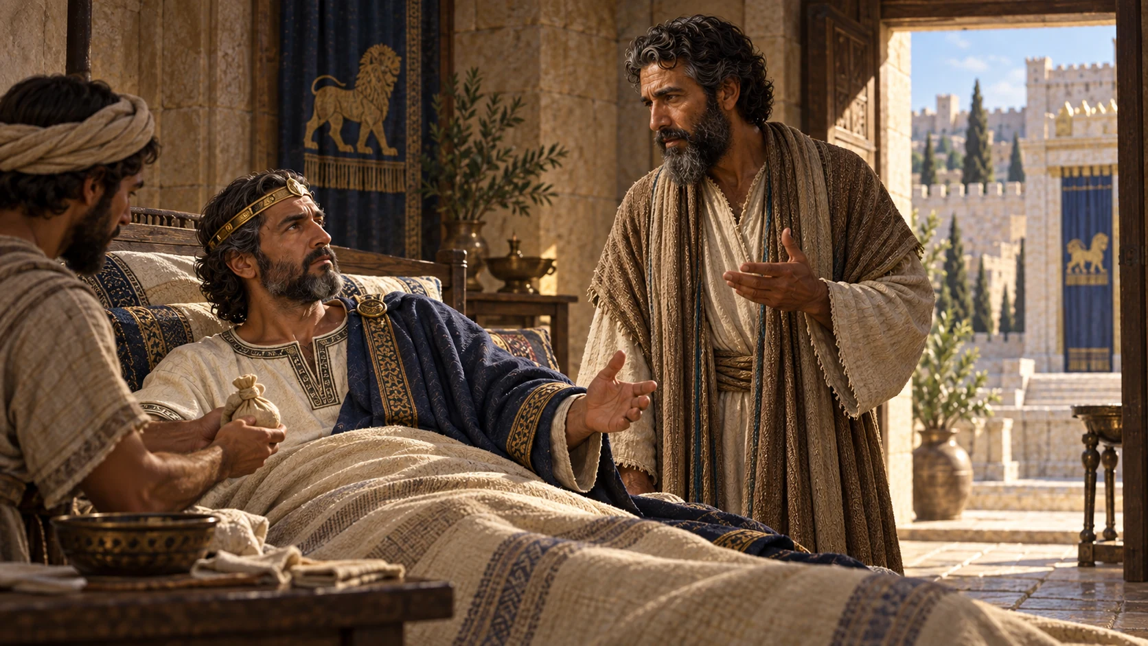 Isaiah instructs attendants to apply a fig cake while Hezekiah asks about worship again.