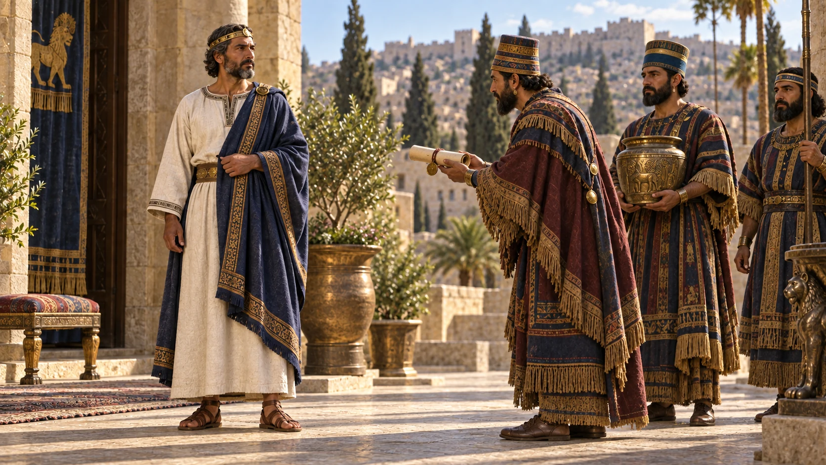 Babylonian envoys bring a gift and letters after hearing of Hezekiah’s recovery.