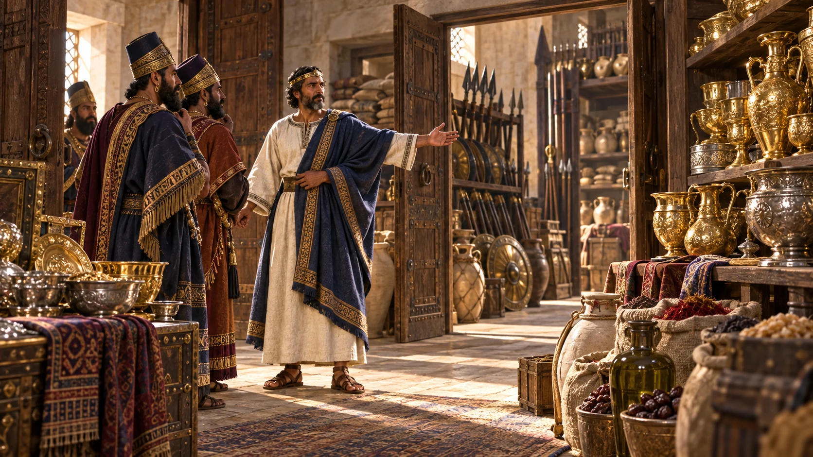 Hezekiah opens every storehouse and displays Judah’s wealth and armory to the visitors.