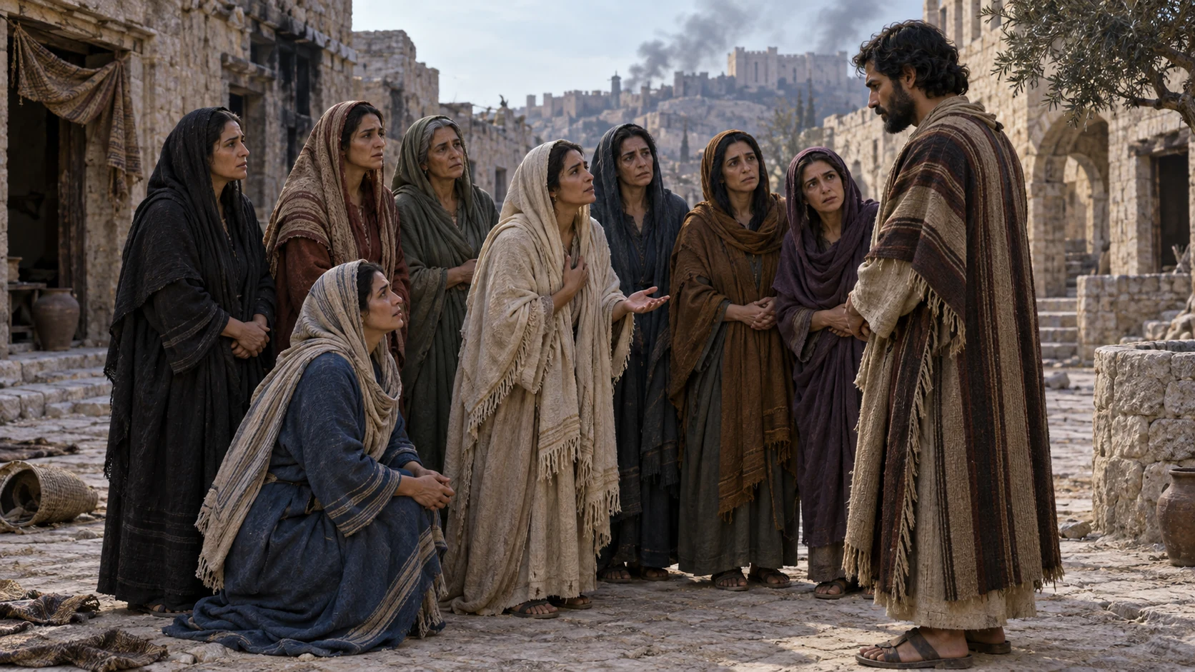 Seven grieving adult women seek the protection of one surviving man’s household name.