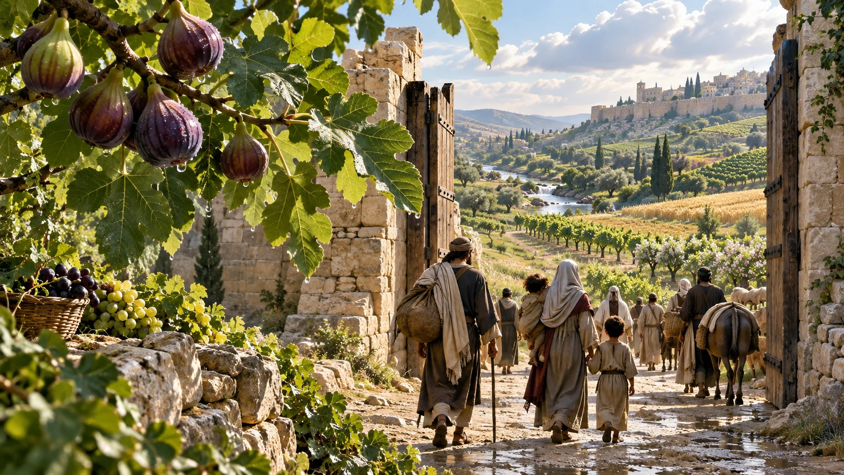 Jerusalem’s surviving families enter fertile renewed fields beneath a fruit-bearing branch.