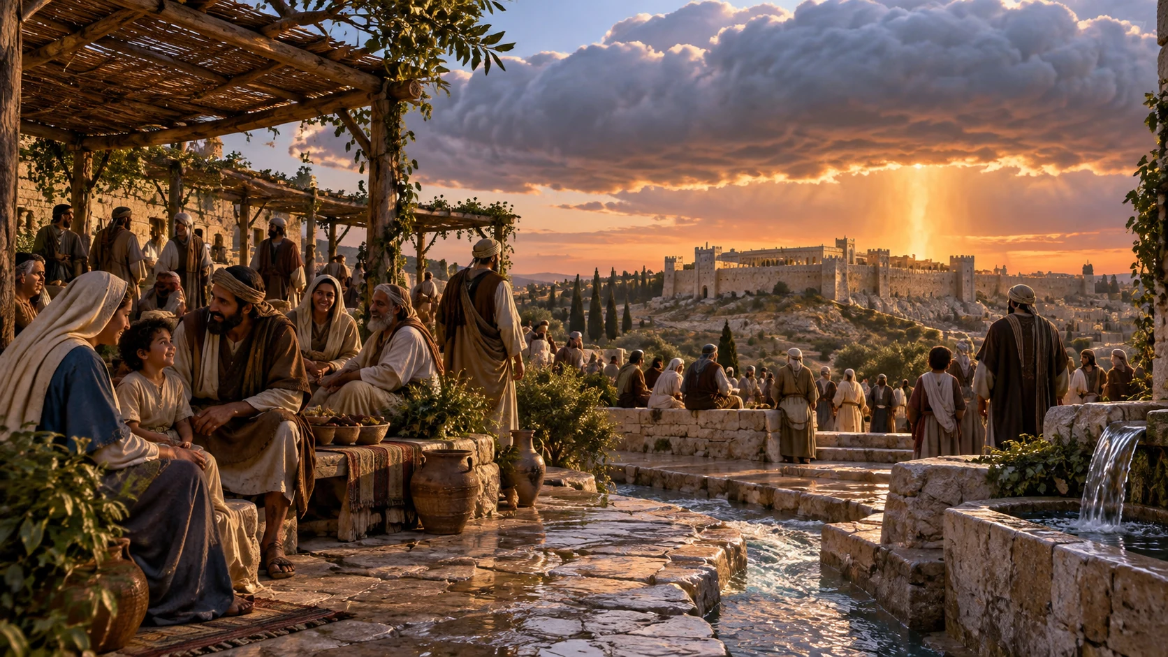 A restored Zion community gathers under shade, cloud, and warm firelight at twilight.