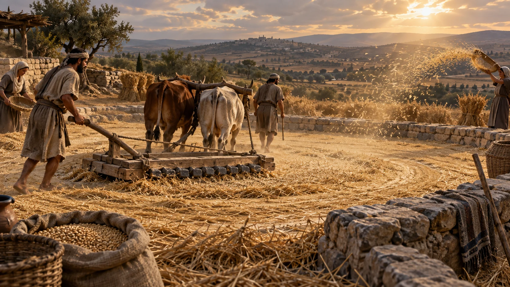 Israel’s former opponents fade while the people are pictured as a new threshing instrument.