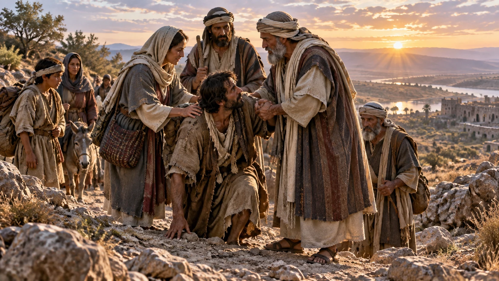 Frightened neighbors encourage one another while artisans secure an idol that cannot stand alone.