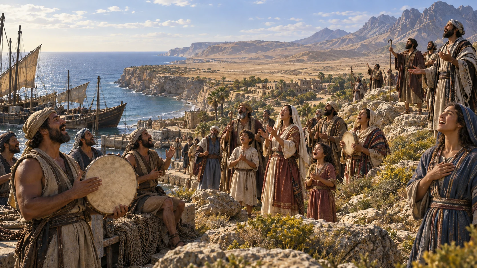 Coastland sailors, wilderness settlements, and mountain dwellers join in praise.