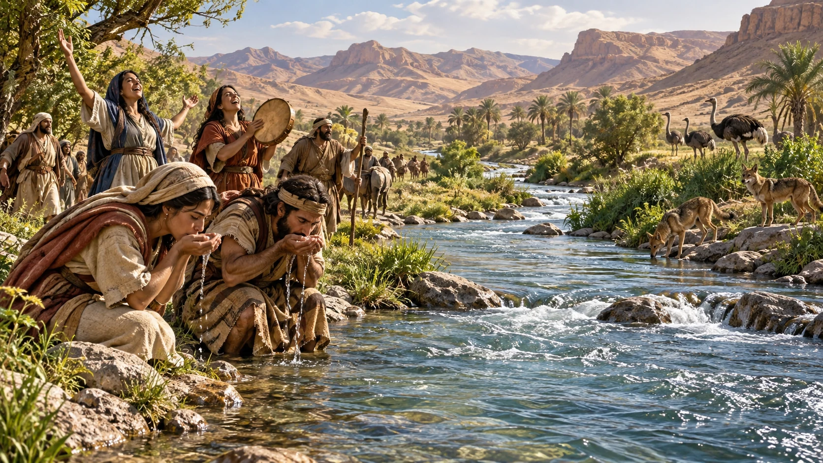 New water in dry wilderness gives people and animals reason for praise.