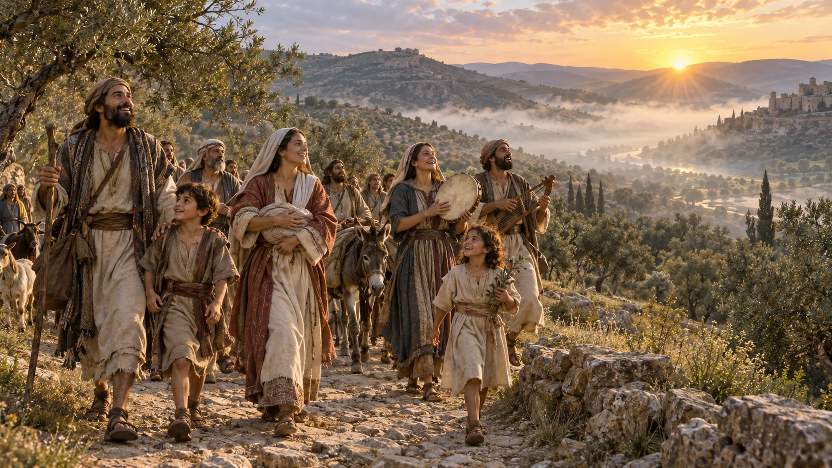 Mist clears over returning families as the hills become an image of redemption and song.