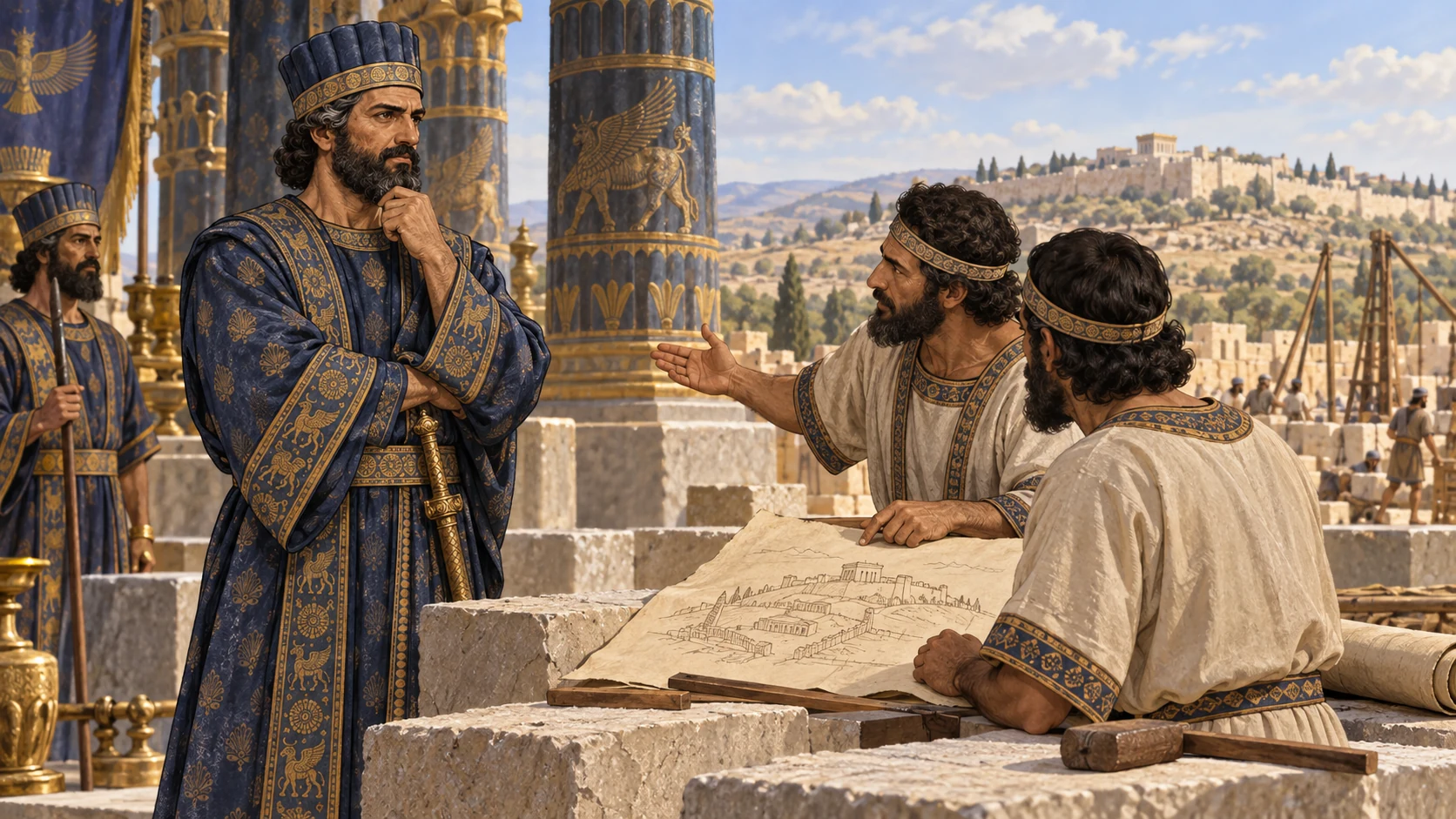 The named Persian ruler receives a commission linked to Jerusalem and the temple foundation.