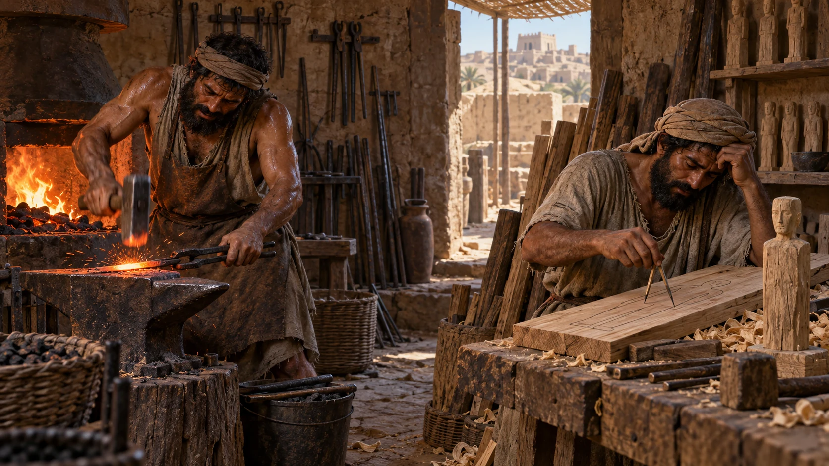 Hungry craftsmen shape metal and wood into an image unable to help them.