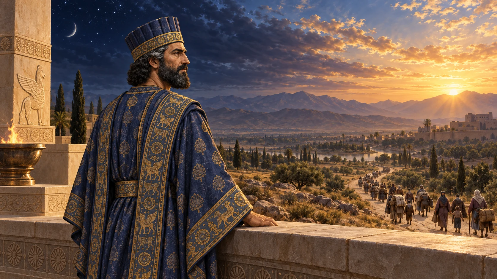 Cyrus hears he is named for Jacob while the horizon joins light and darkness under one God.