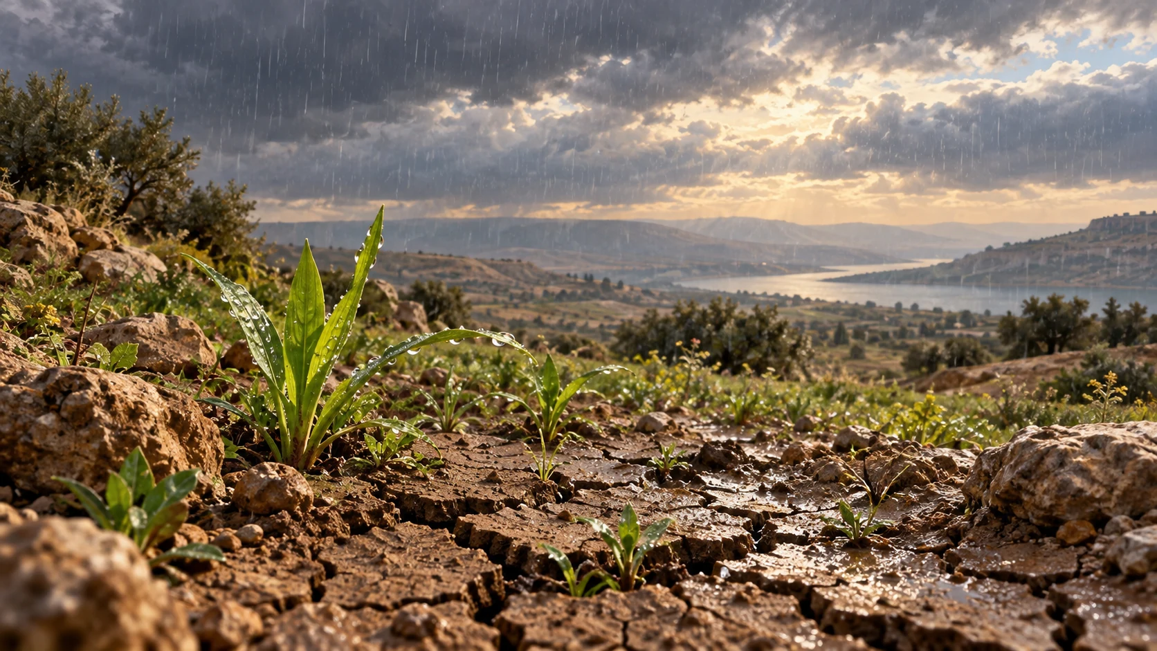 Rain and new growth picture salvation and righteousness emerging together.