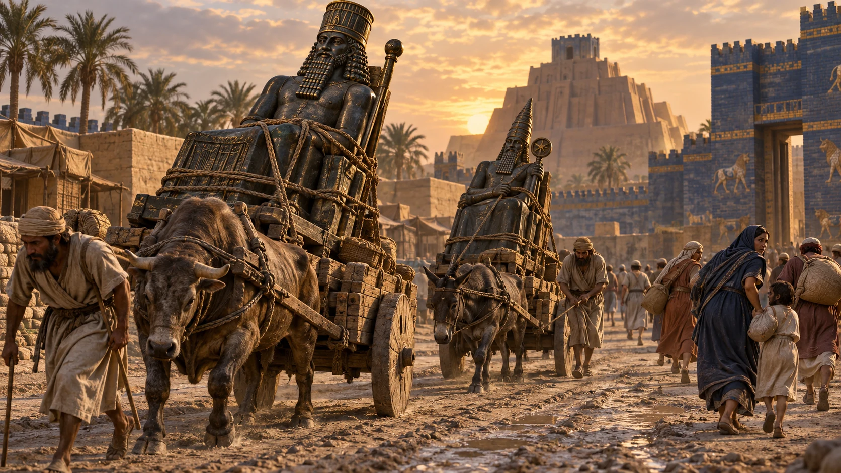 Statues of Bel and Nebo weigh down animals as their worshipers depart in defeat.