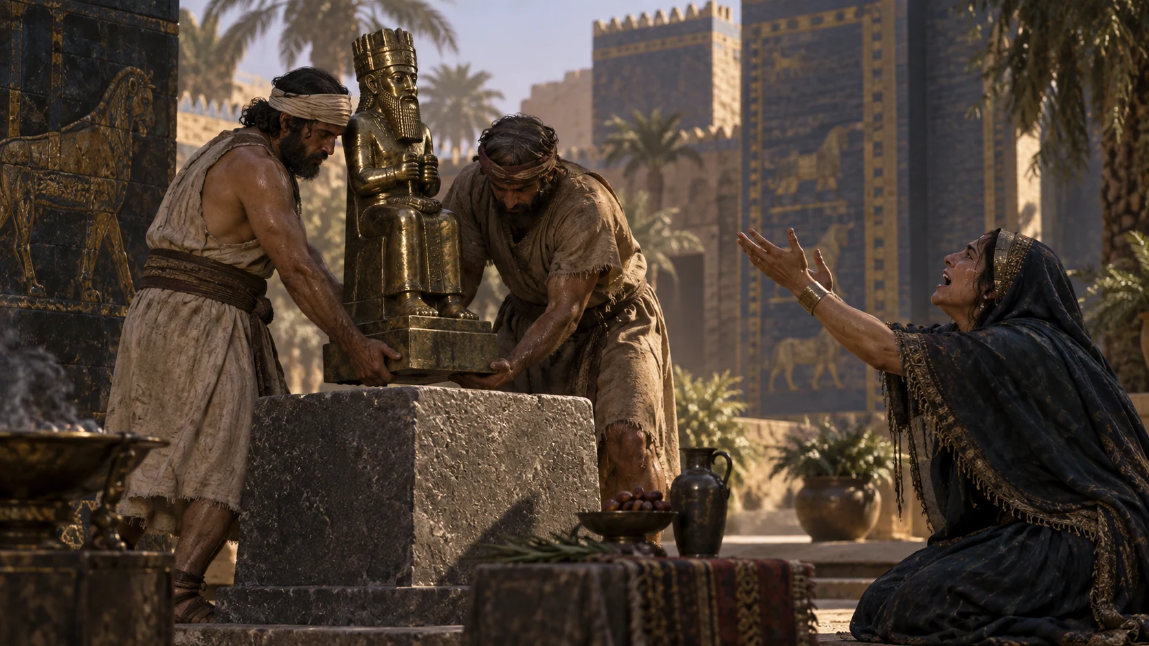 Its bearers set the idol in place, but it remains motionless and silent.