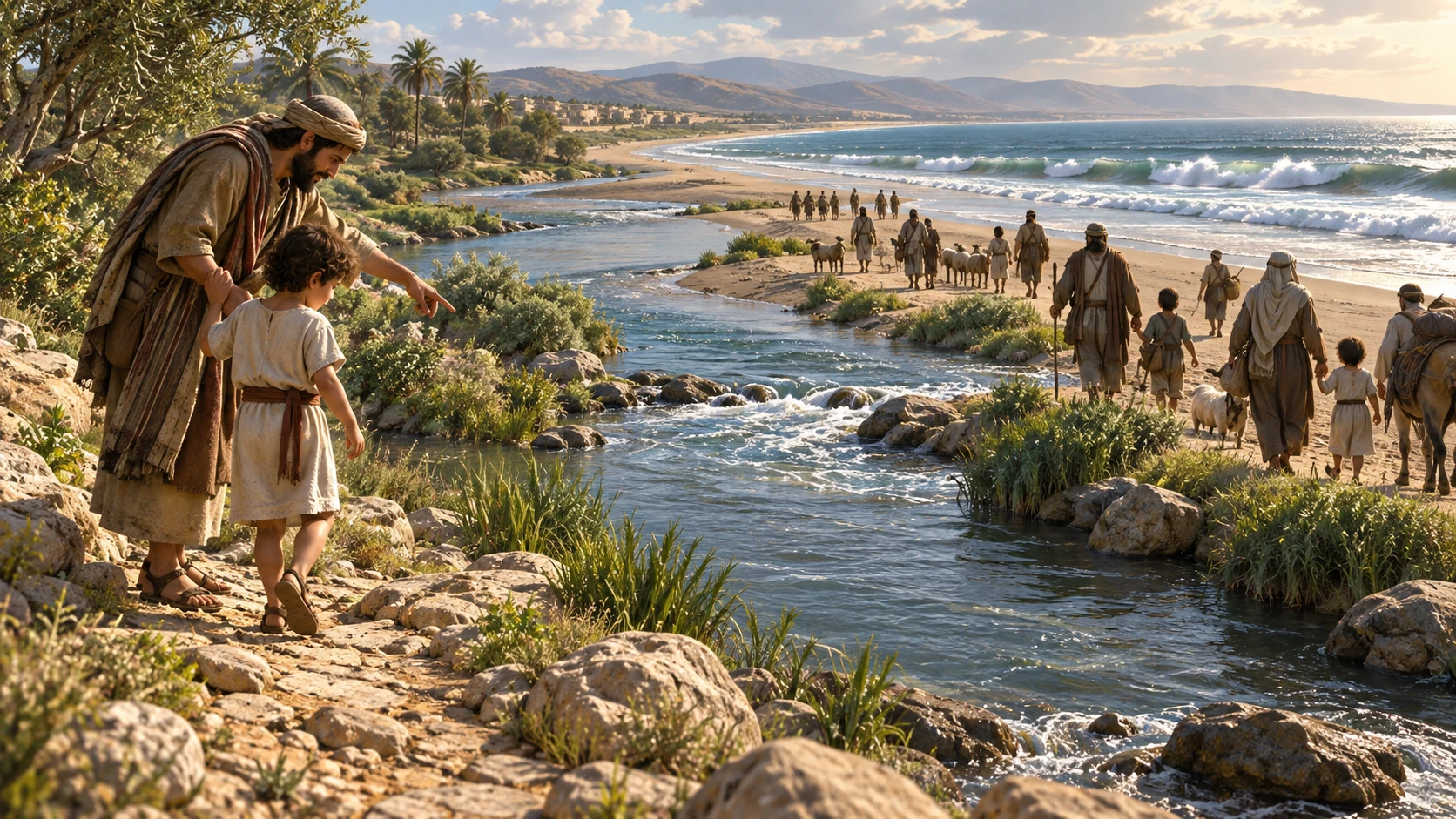 A river and shore of sand frame the peace and descendants Israel might have known.
