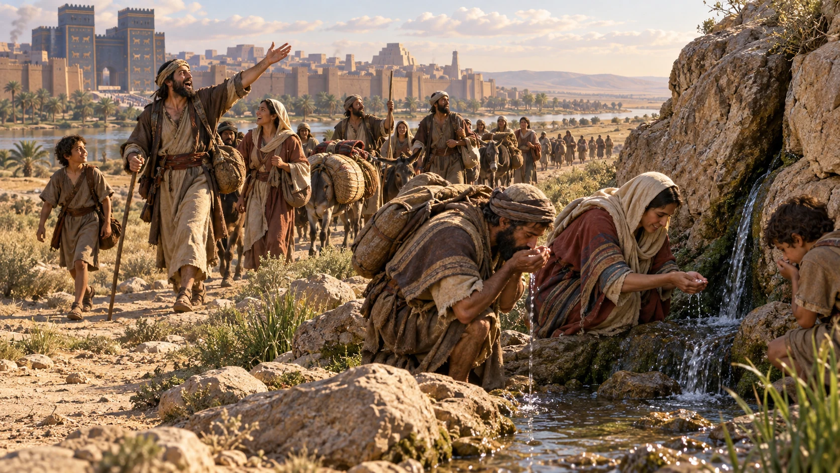 A departing people announce redemption while water from rock sustains their desert journey.
