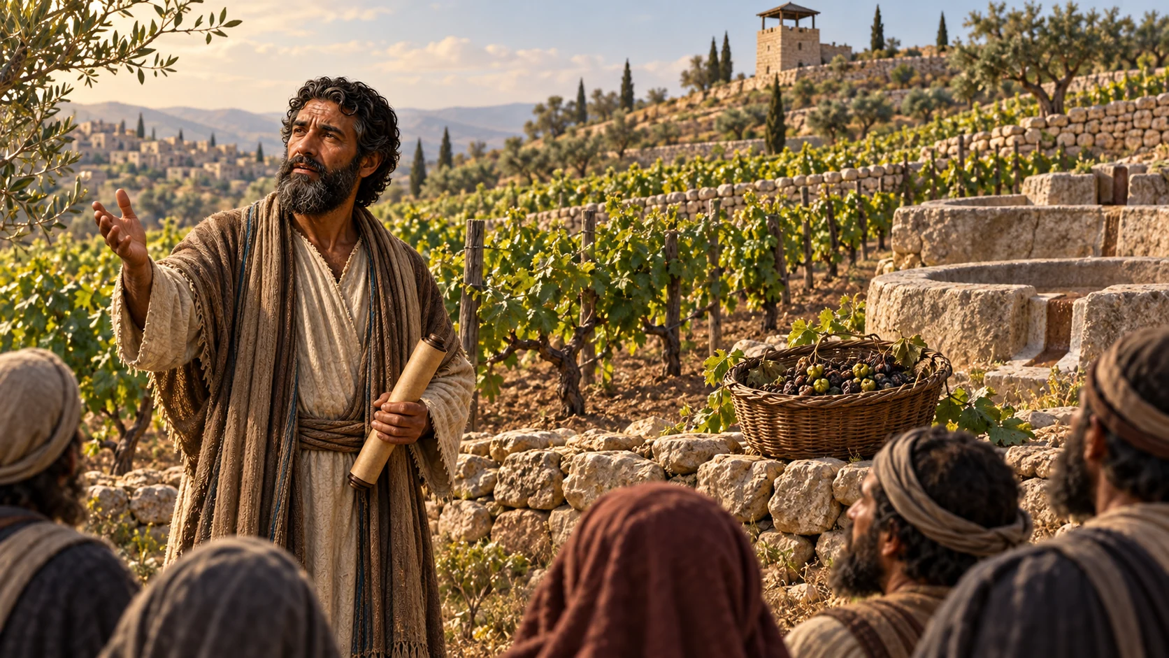 Isaiah teaches beside a carefully prepared vineyard whose basket contains only spoiled fruit.