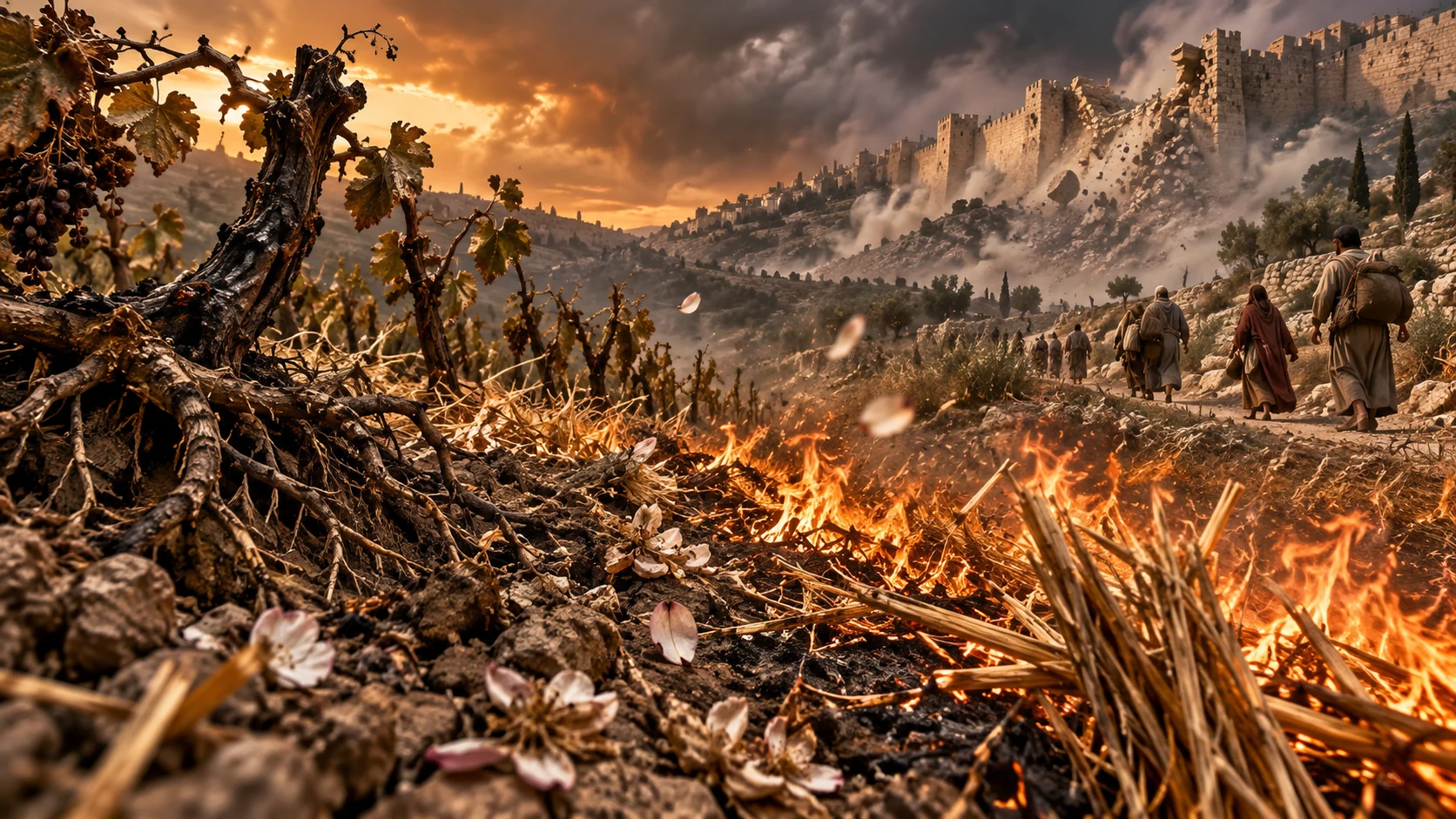 Burning stubble, decayed roots, scattered blossoms, and a collapsing wall picture covenant judgment.