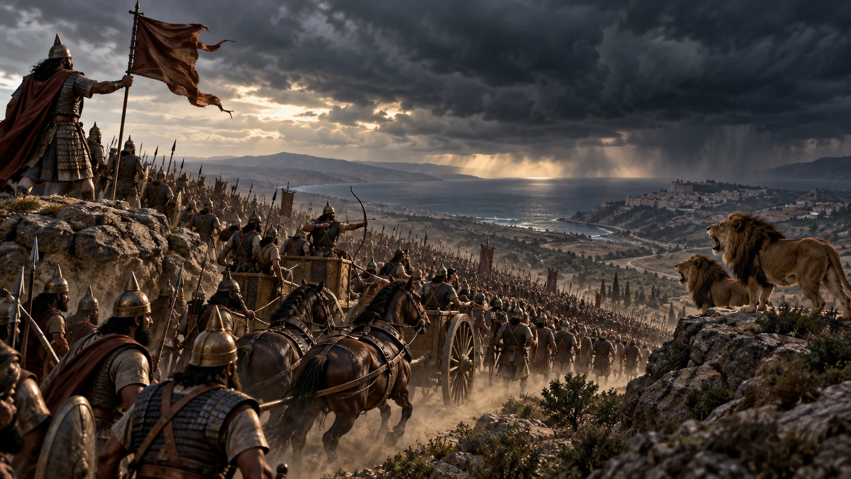 A disciplined distant army advances beneath a signal banner as Judah darkens under storm.