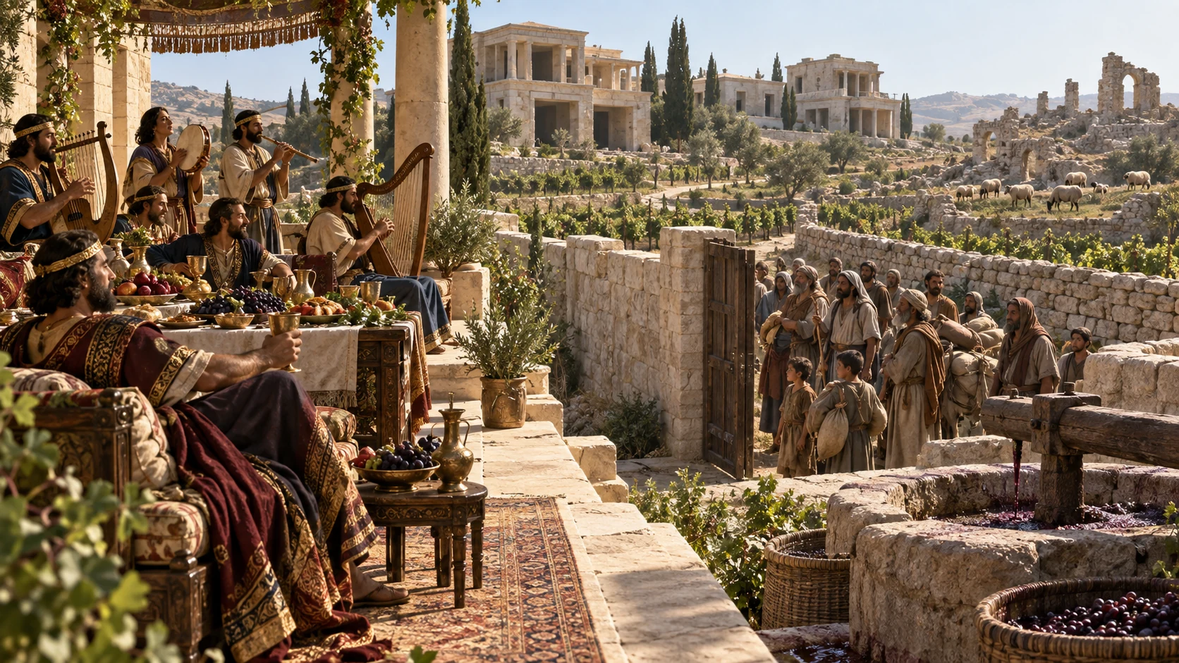 Landowners feast with music inside a vast estate while displaced families wait beyond its wall.