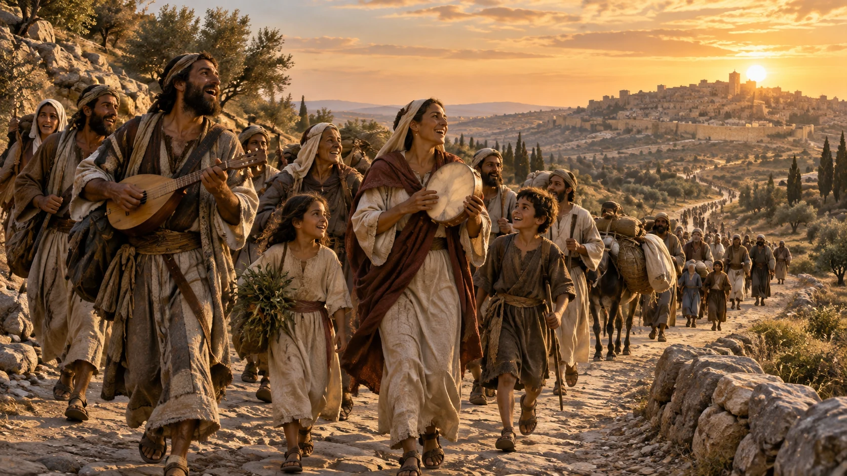 A returning community approaches Zion with gladness replacing grief.