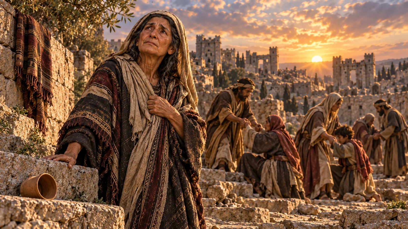 A woman rises as the oppressors withdraw and the promise of relief replaces humiliation.