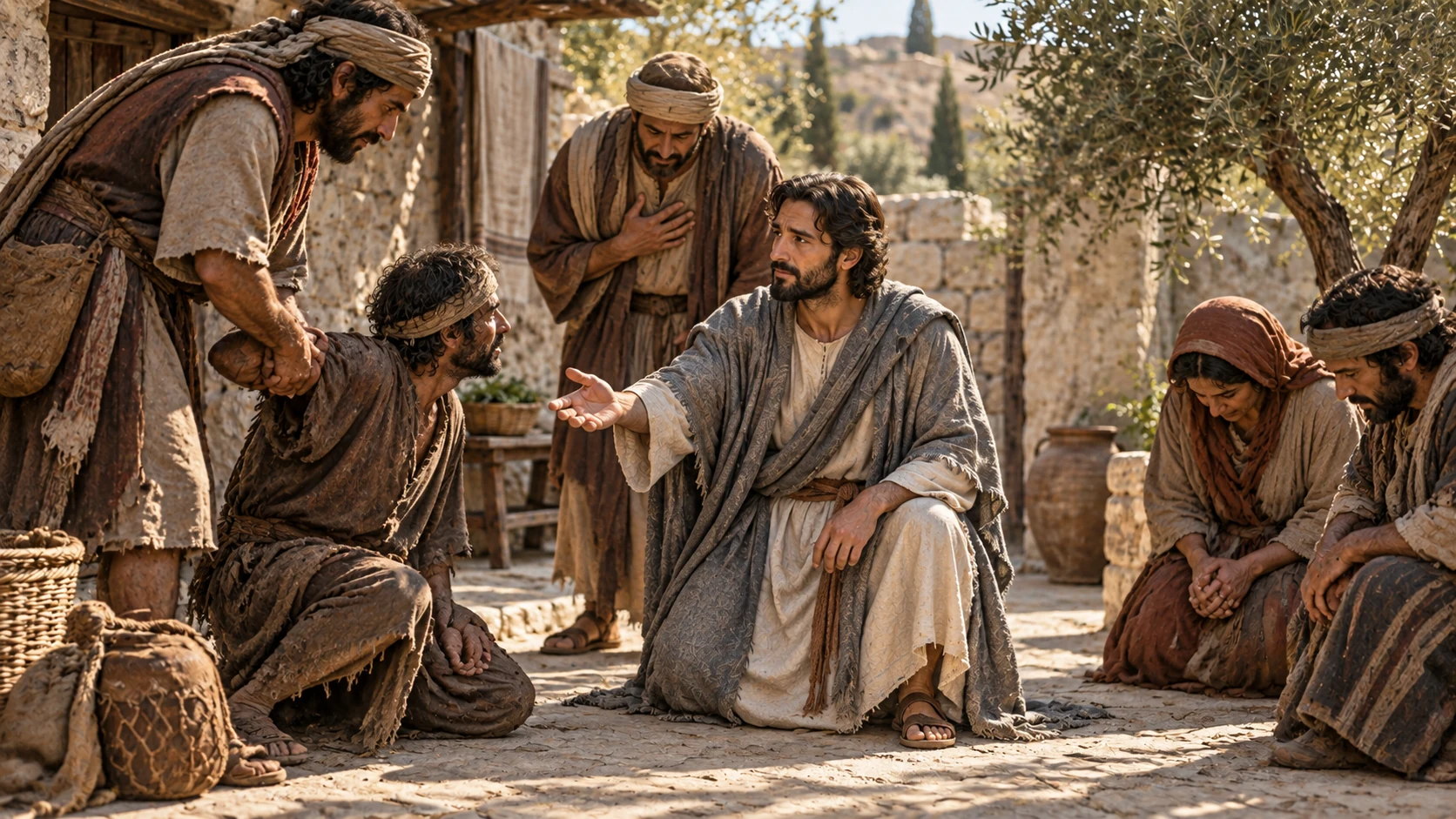 The servant stands with wrongdoers and reaches toward them in compassion.