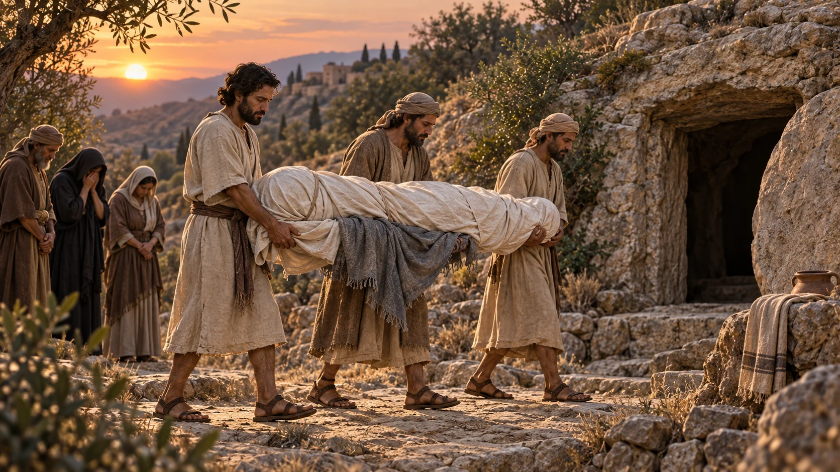 A small procession carries the unjustly condemned servant toward a quiet grave.