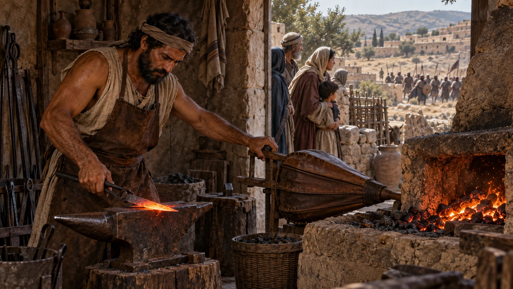 A craftsman works iron as a threatened community watches strangers gather outside.