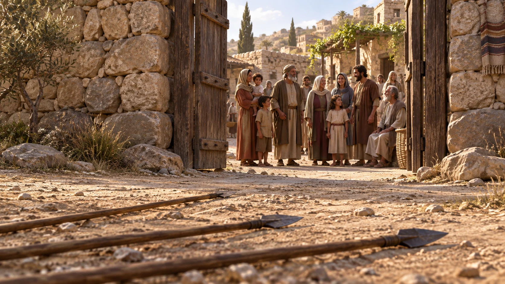 Abandoned spears lie harmless outside a gate where the people stand unharmed.