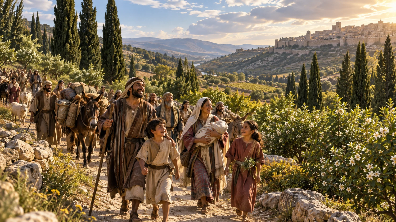Families travel in peace through hills where cypress and myrtle replace thorn and brier.