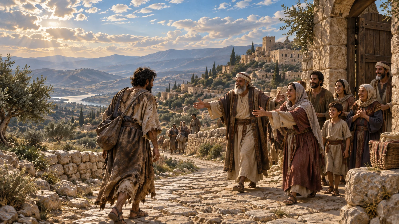 A traveler turns from a crooked road toward neighbors ready to welcome him home.