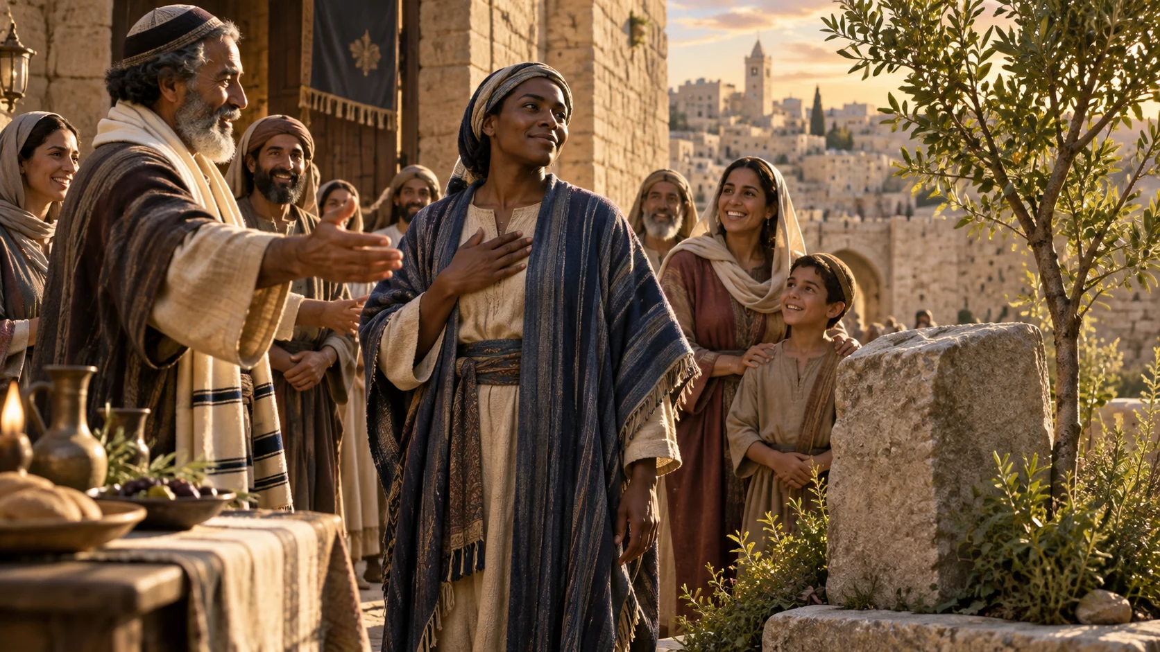 A once-excluded worshiper receives belonging and a lasting name within the community.