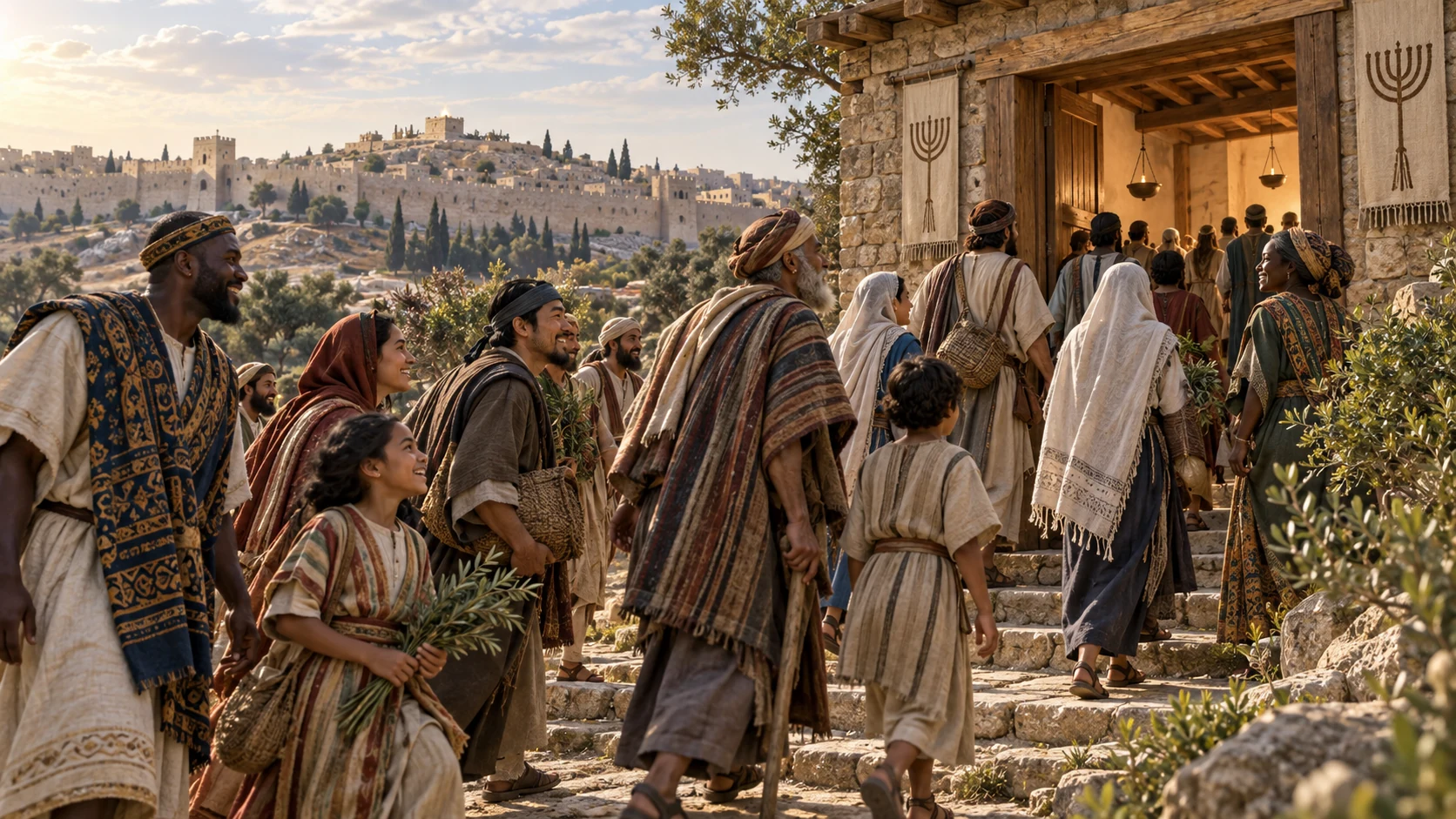 Foreigners and returning outcasts ascend together, welcomed into joyful prayer on the holy hill.