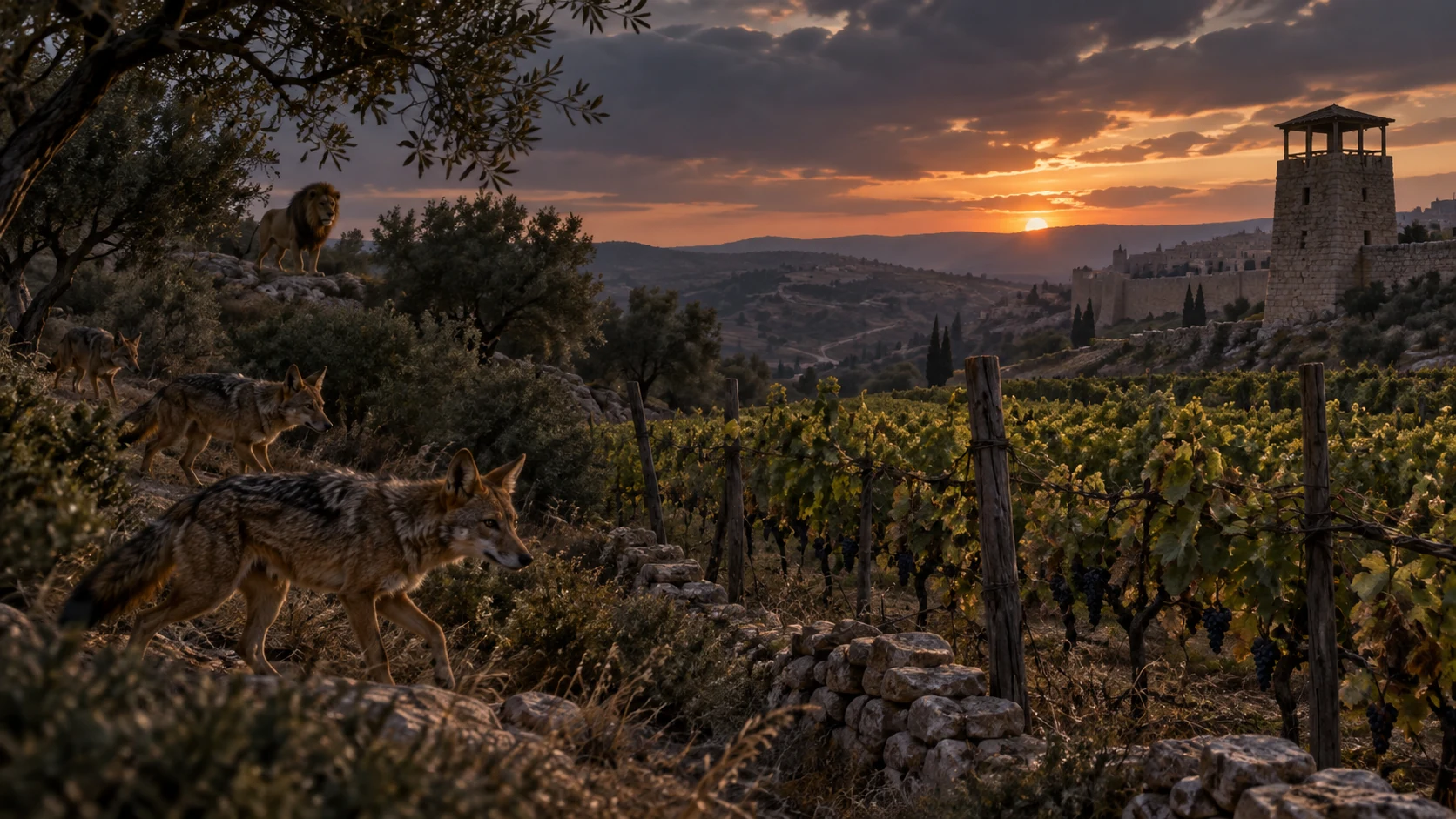 Wild creatures approach an unguarded vineyard as evening exposes the land’s vulnerability.