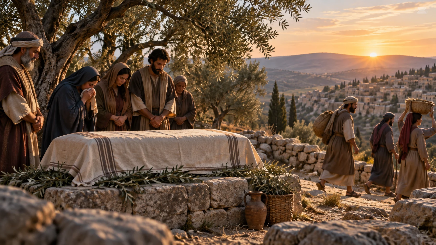 Loved ones mourn an upright neighbor, finding a quiet resting place amid the world’s evil.
