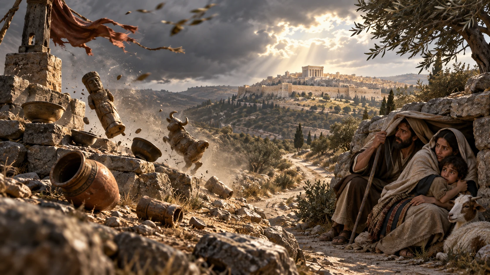 Wind sweeps away powerless idols while a family finds refuge toward the holy mountain.