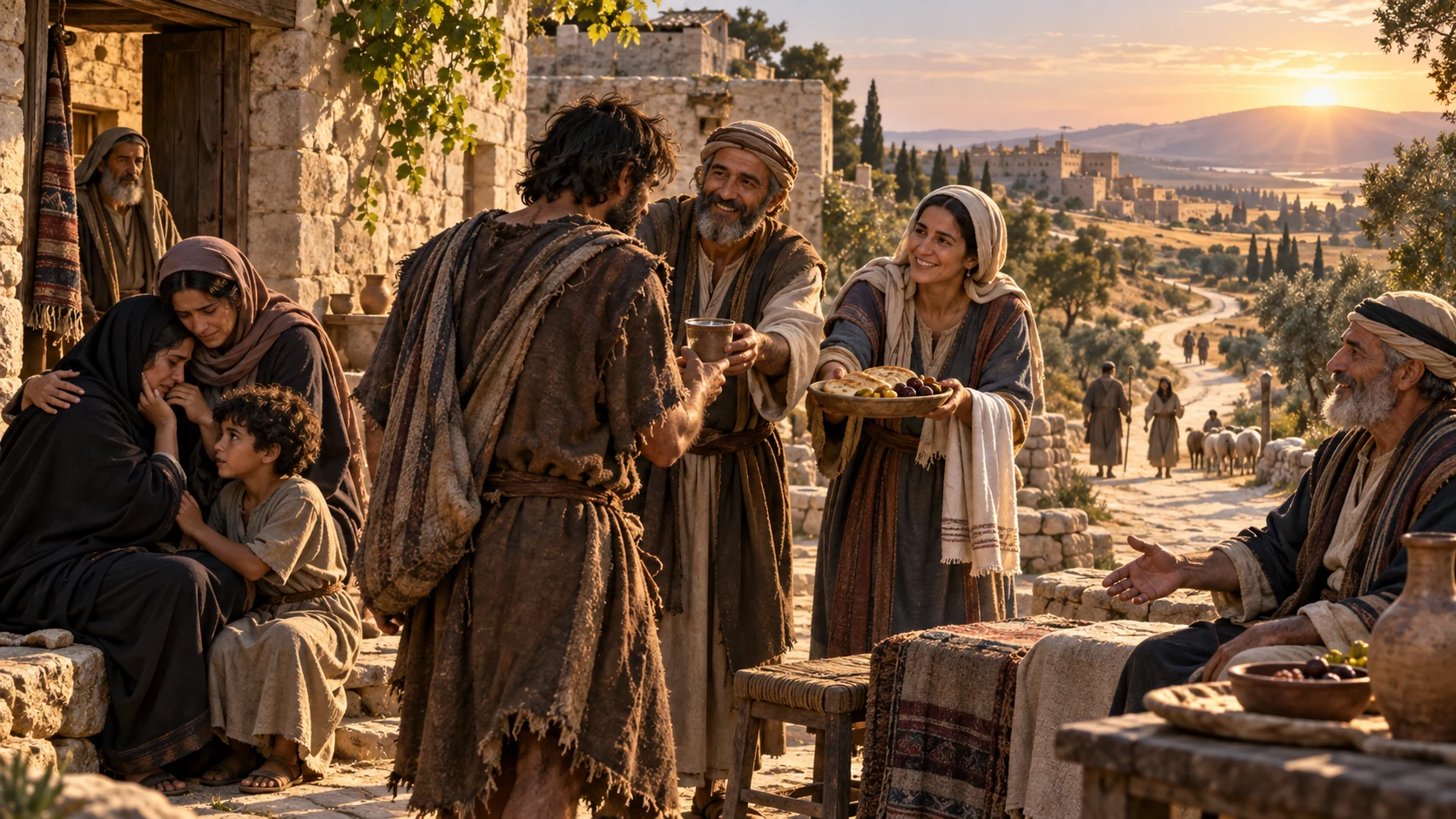 A returning neighbor receives comfort as peace and guidance replace isolation and loss.