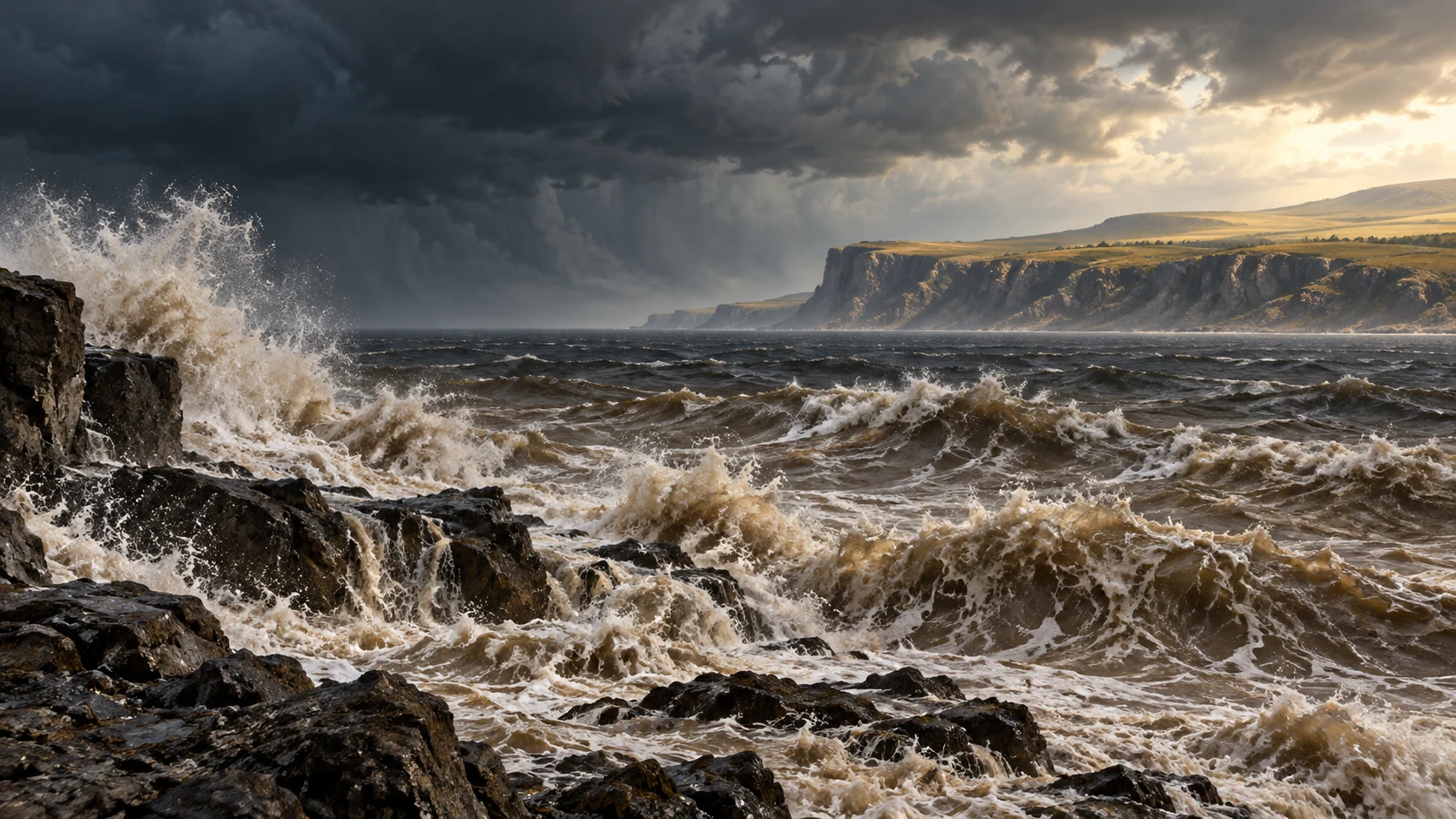Restless muddy waves churn against the coast, a sober image of life without peace.