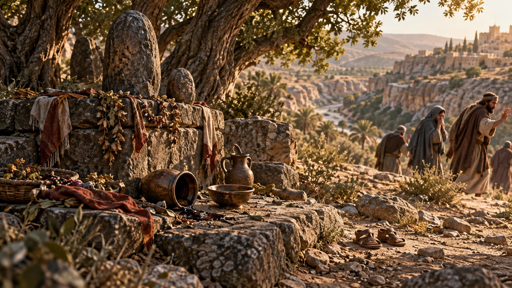 Abandoned altars and smooth stones expose the grievous rites hidden beneath the trees.