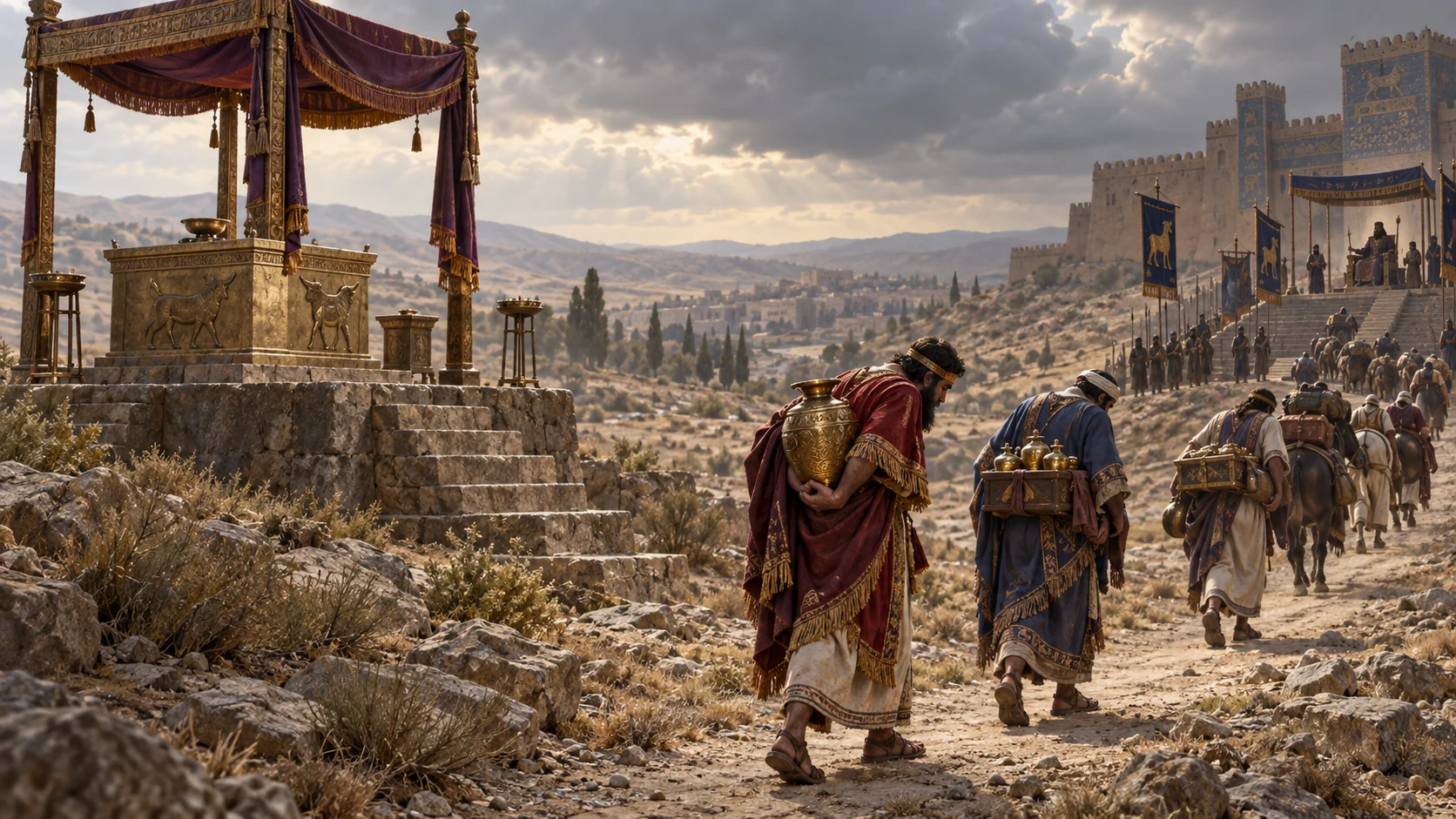 Envoys carry costly gifts past an empty high-place altar, exhausted by their chosen way.