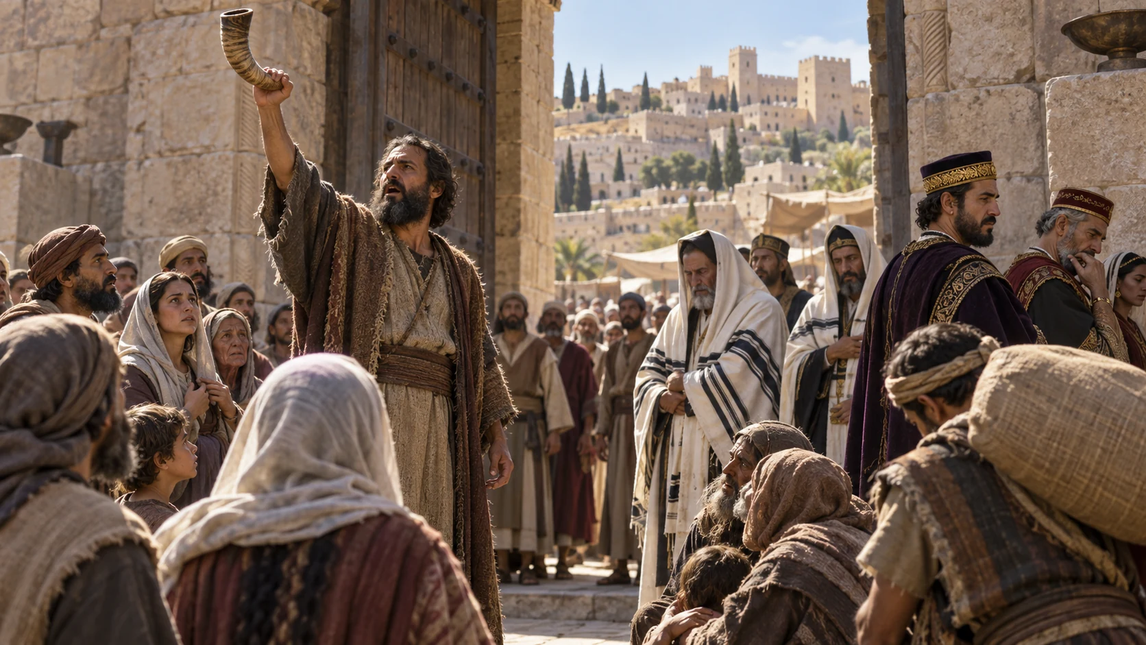 A herald confronts a devout-looking crowd with the justice they have overlooked.